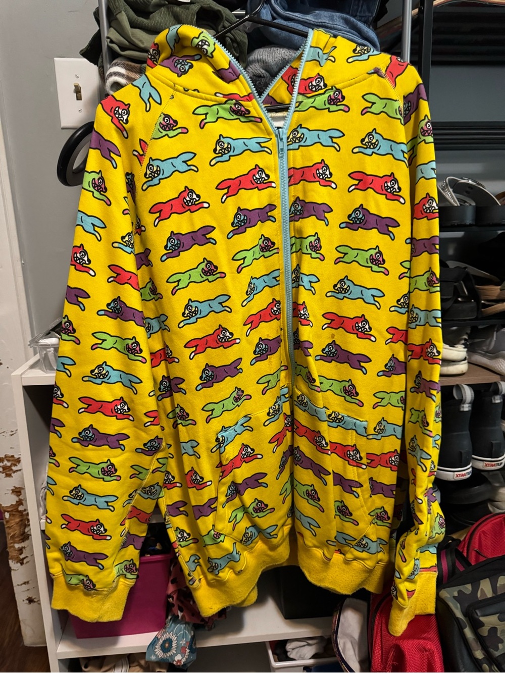 Men’s Yellow Zip-Up Hoodie with Multicolor Dog Print